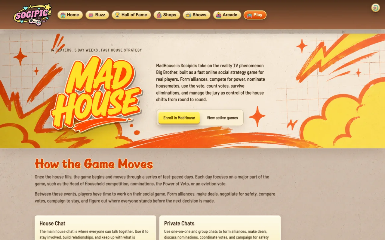 MadHouse game page showing its 13-player format, enrollment button, and house-strategy gameplay overview